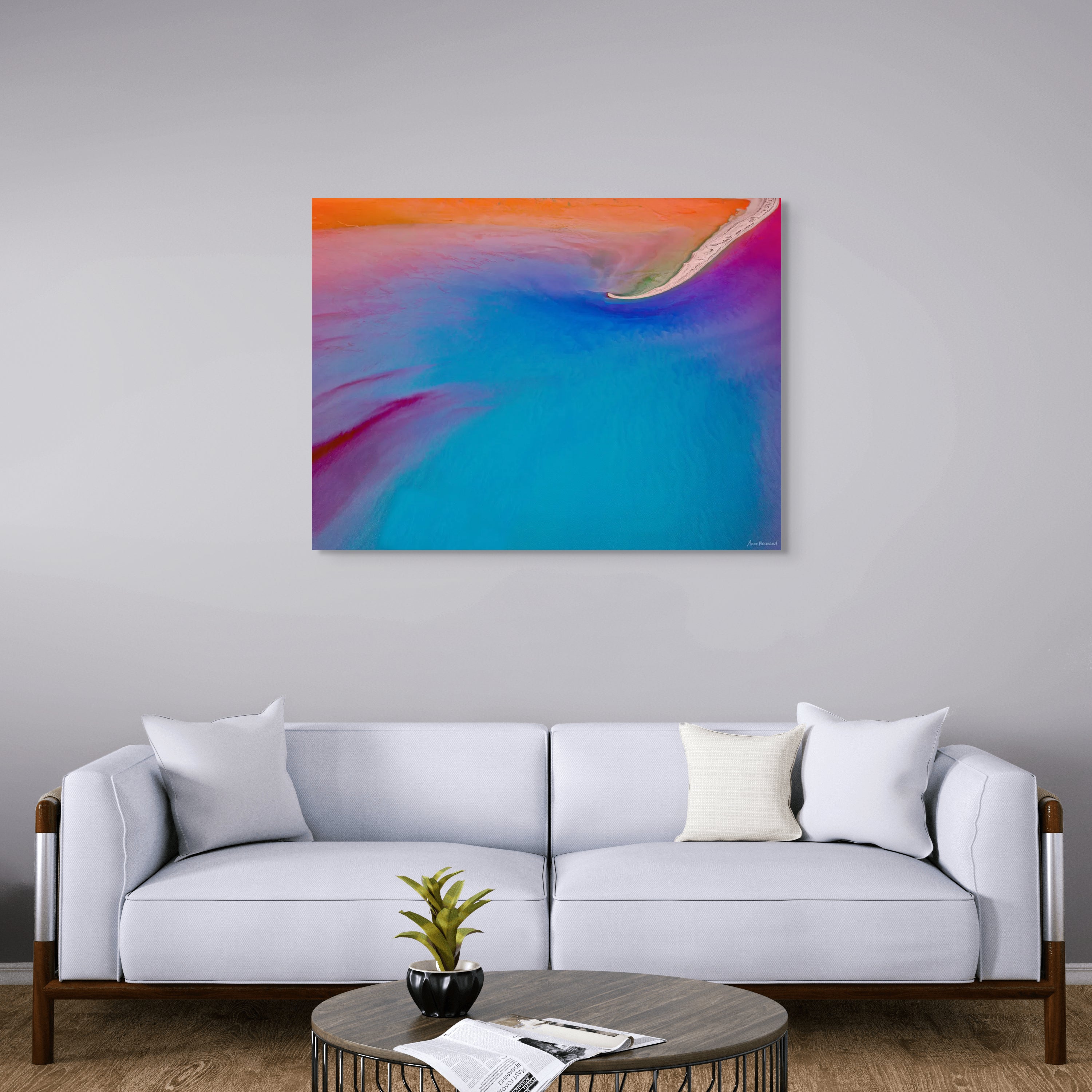 Panoramic aerial artwork with soft tones