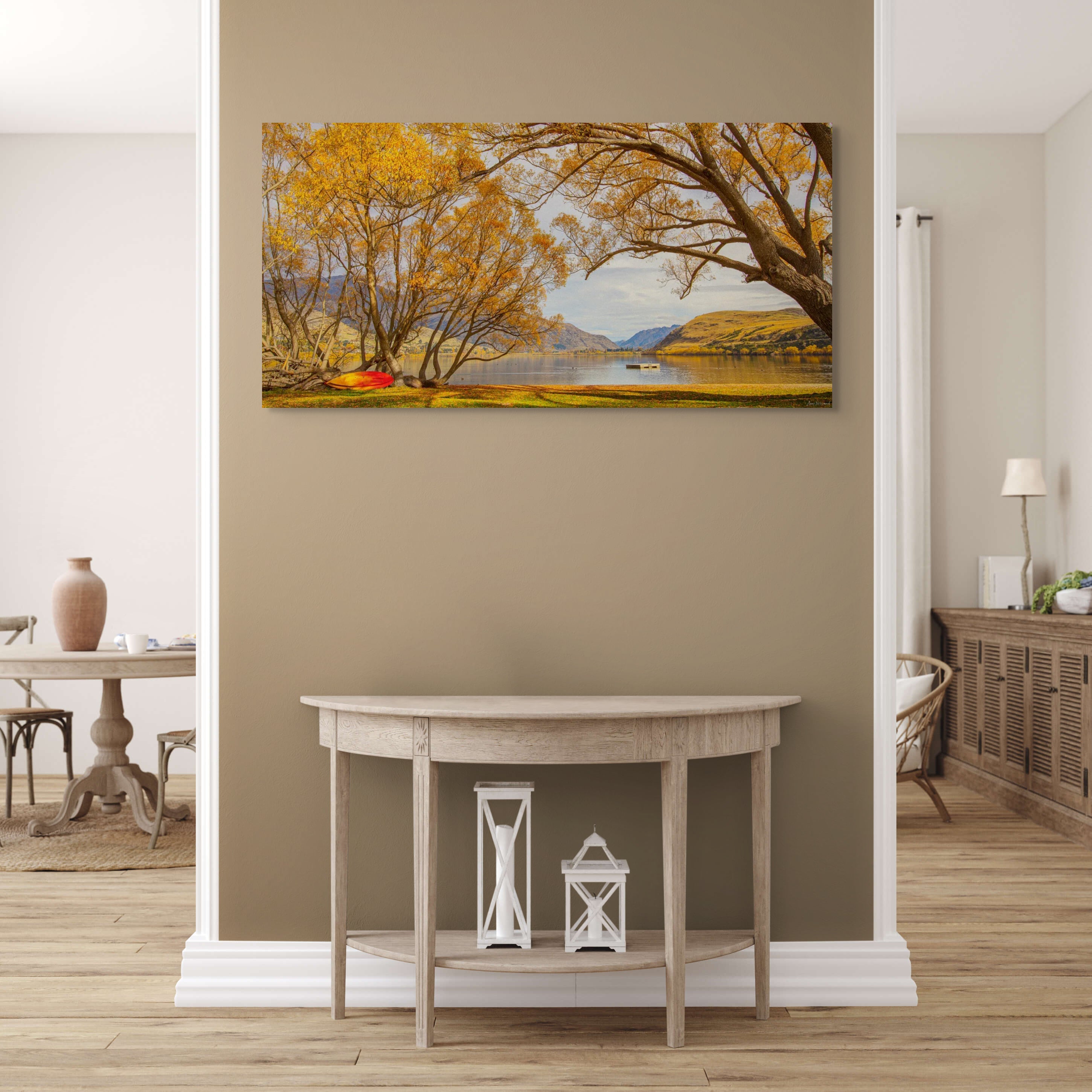 picturesque autumn art, golden lake canvas, nature wall decor, tranquil landscape print, premium autumn print, home styling Australia, seasonal wall art, calm nature scenes, landscape photography prints, quality canvas art, Australian decor.