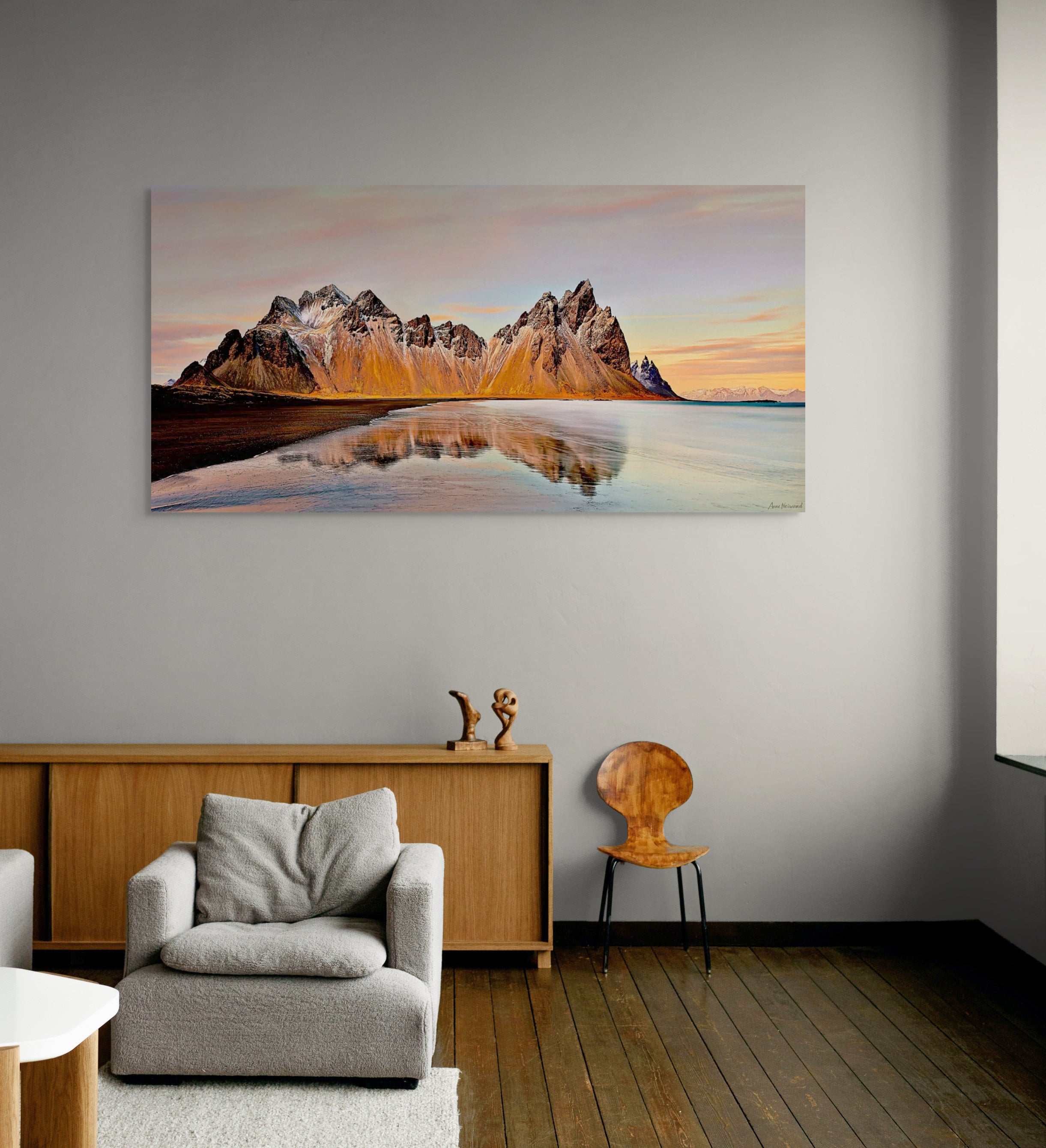 Panoramic view of dramatic peaks at Vestrahorn during sunset in Iceland