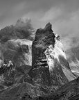 Black and white photograph of mountain peaks Patagonia
