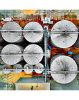 Collage of industrial tanks with a colorful background