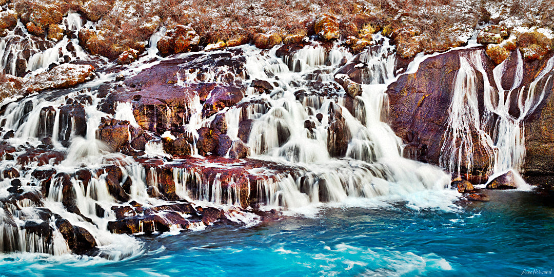 Hraunfossar waterfalls cascading through lava rocks in Iceland