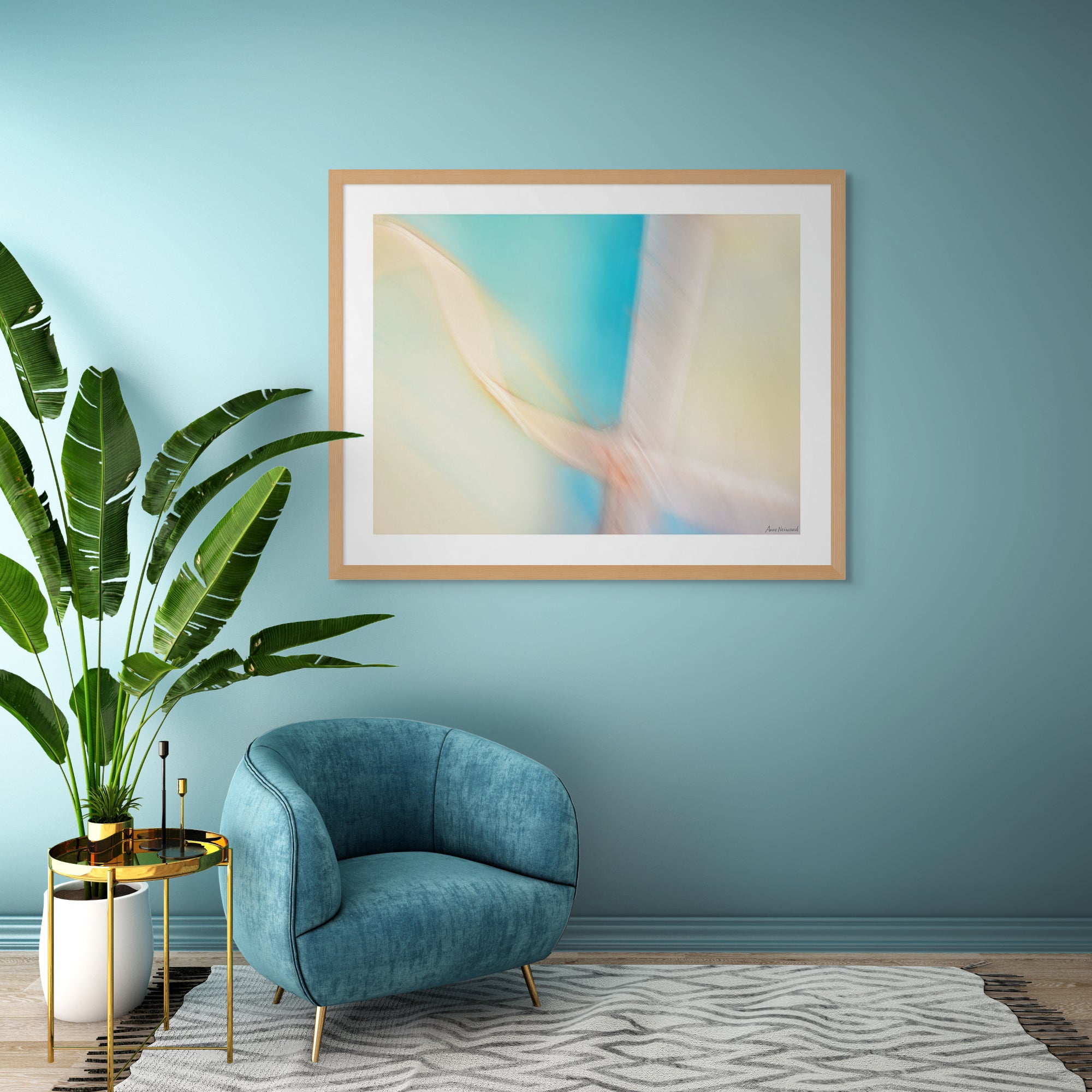 Dreamlike swirl of cream, blue, and yellow with painterly motion