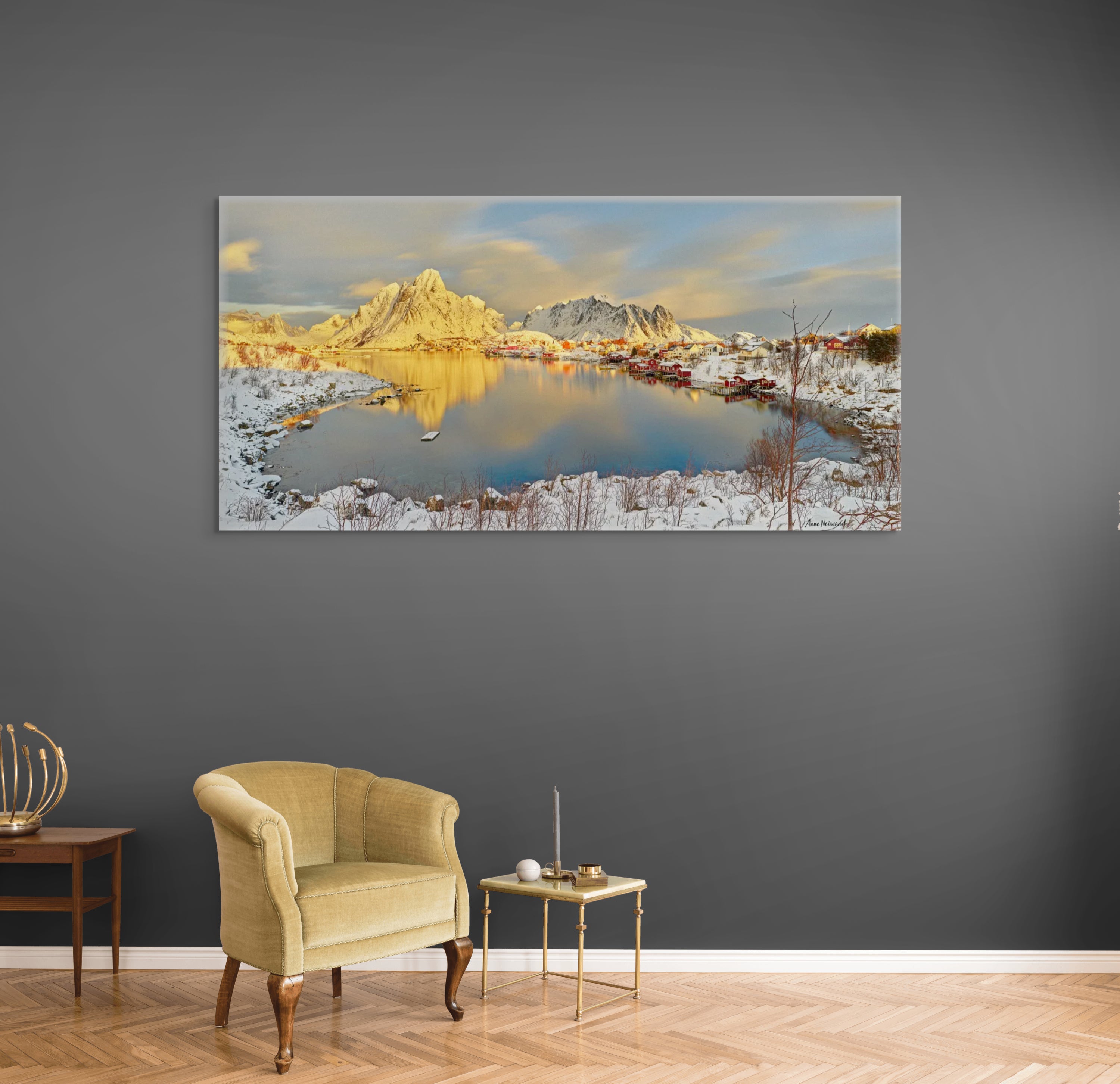 Fine art landscape with arctic mountains and winter sunlight