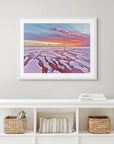 Textured salt crust landscape with golden horizon and striking sky