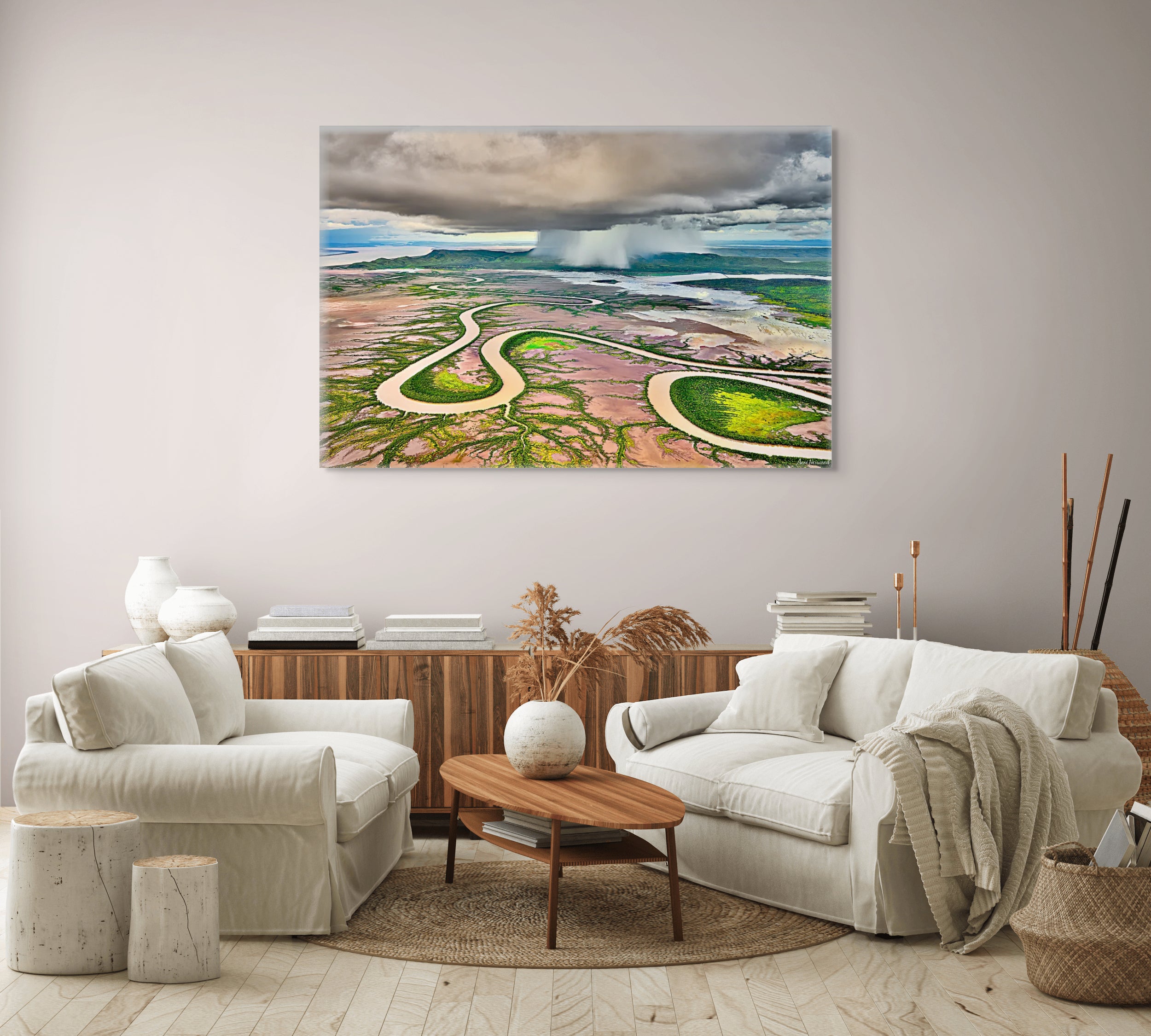 Storm rain falling on lush floodplain landscape