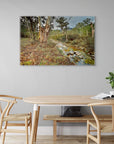 Peaceful river scene with textured bark and flowing water
