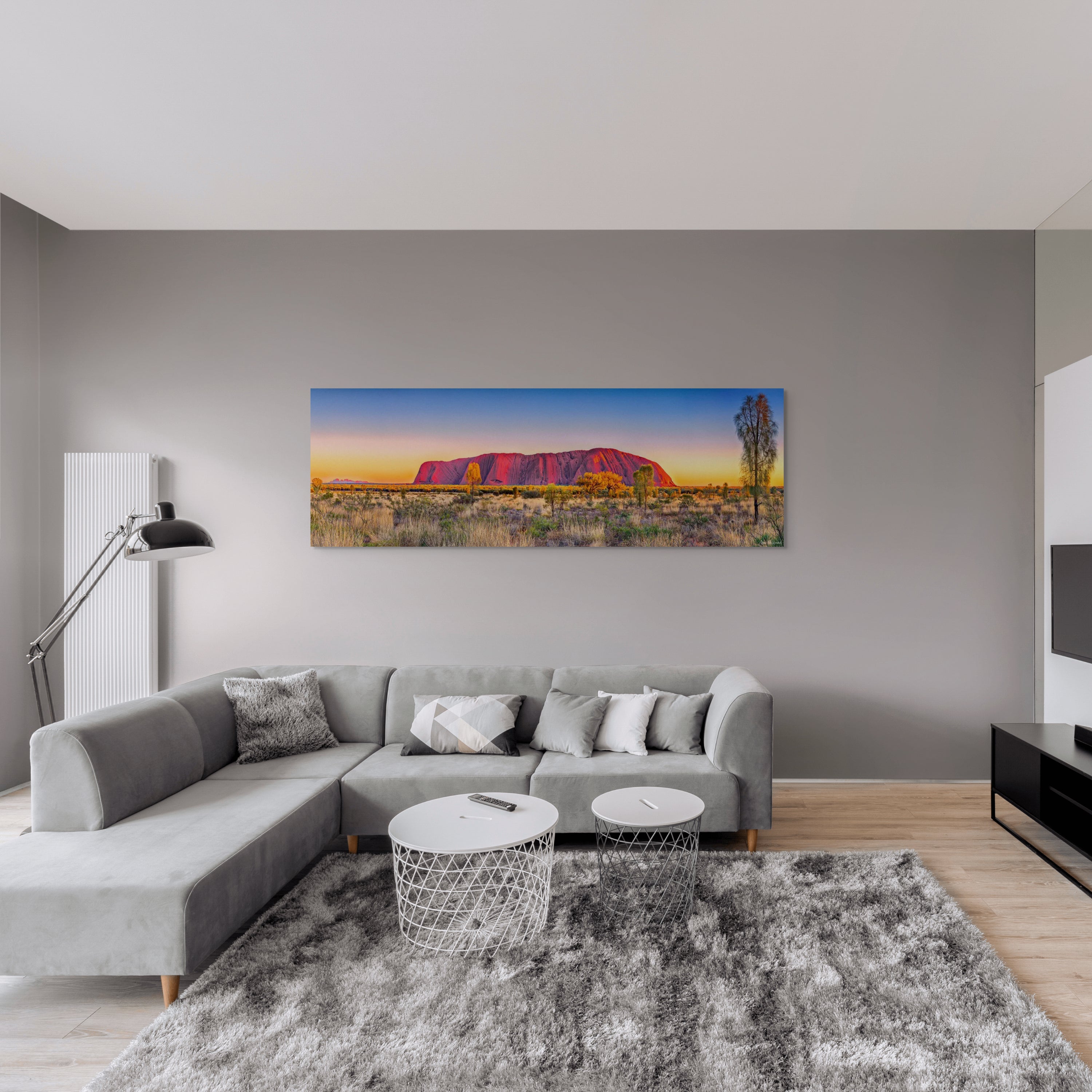 Sacred Australian desert scene with Uluru and spinifex under pastel sky