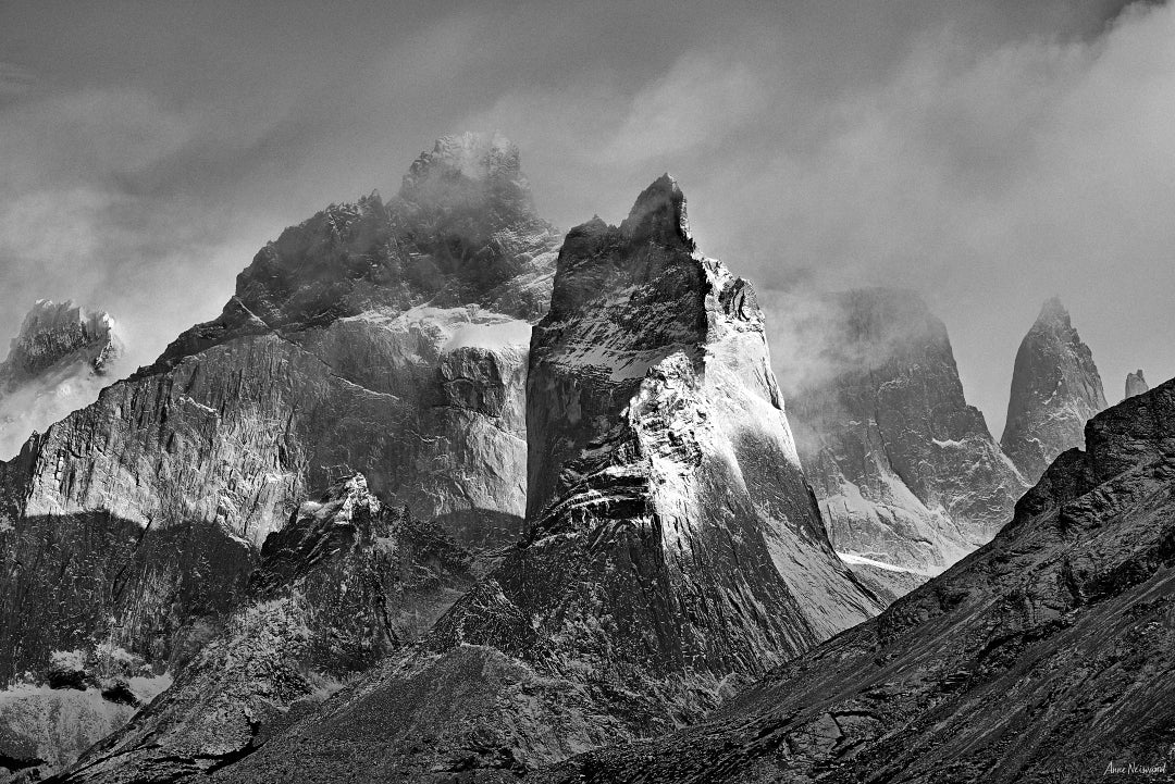 Black and white photograph of mountain peaks Patagonia