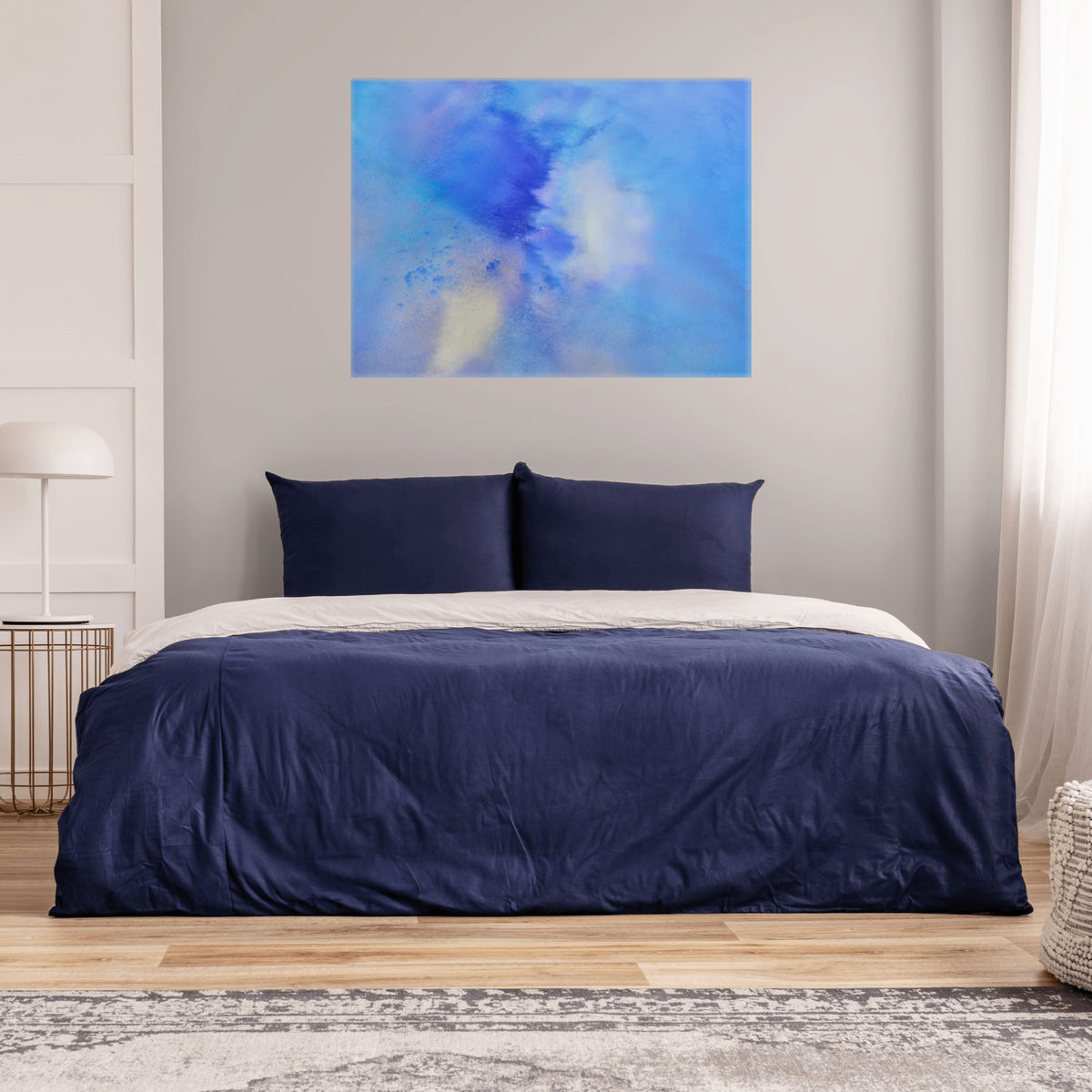 Blue abstract aerial artwork with birds seen from above