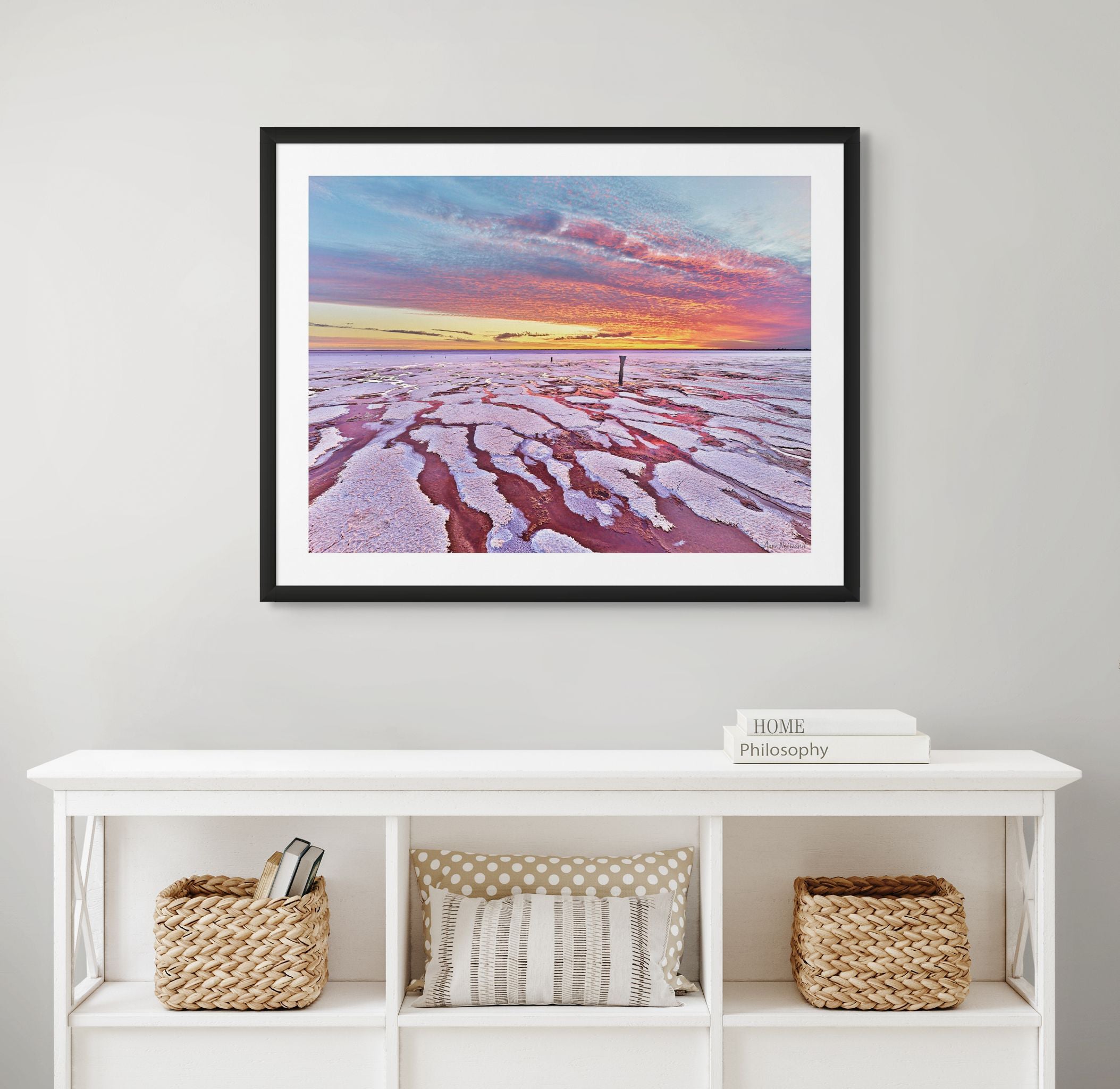 Fine art photo of salt lake with pink and purple clouds at dusk