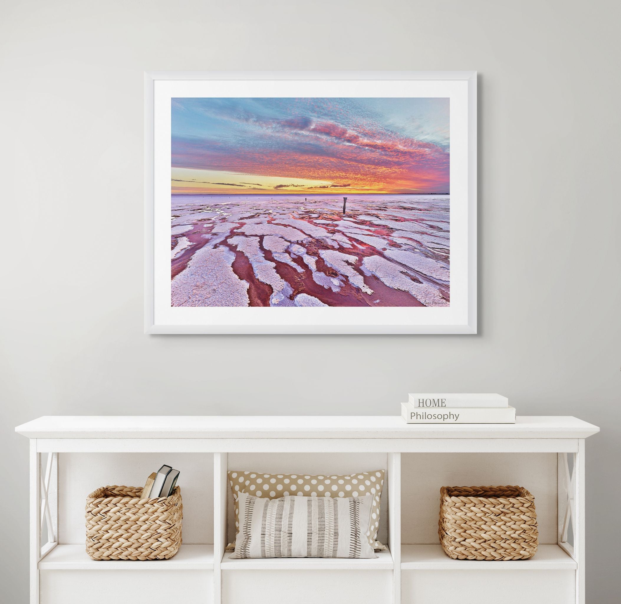 Textured salt crust landscape with golden horizon and striking sky