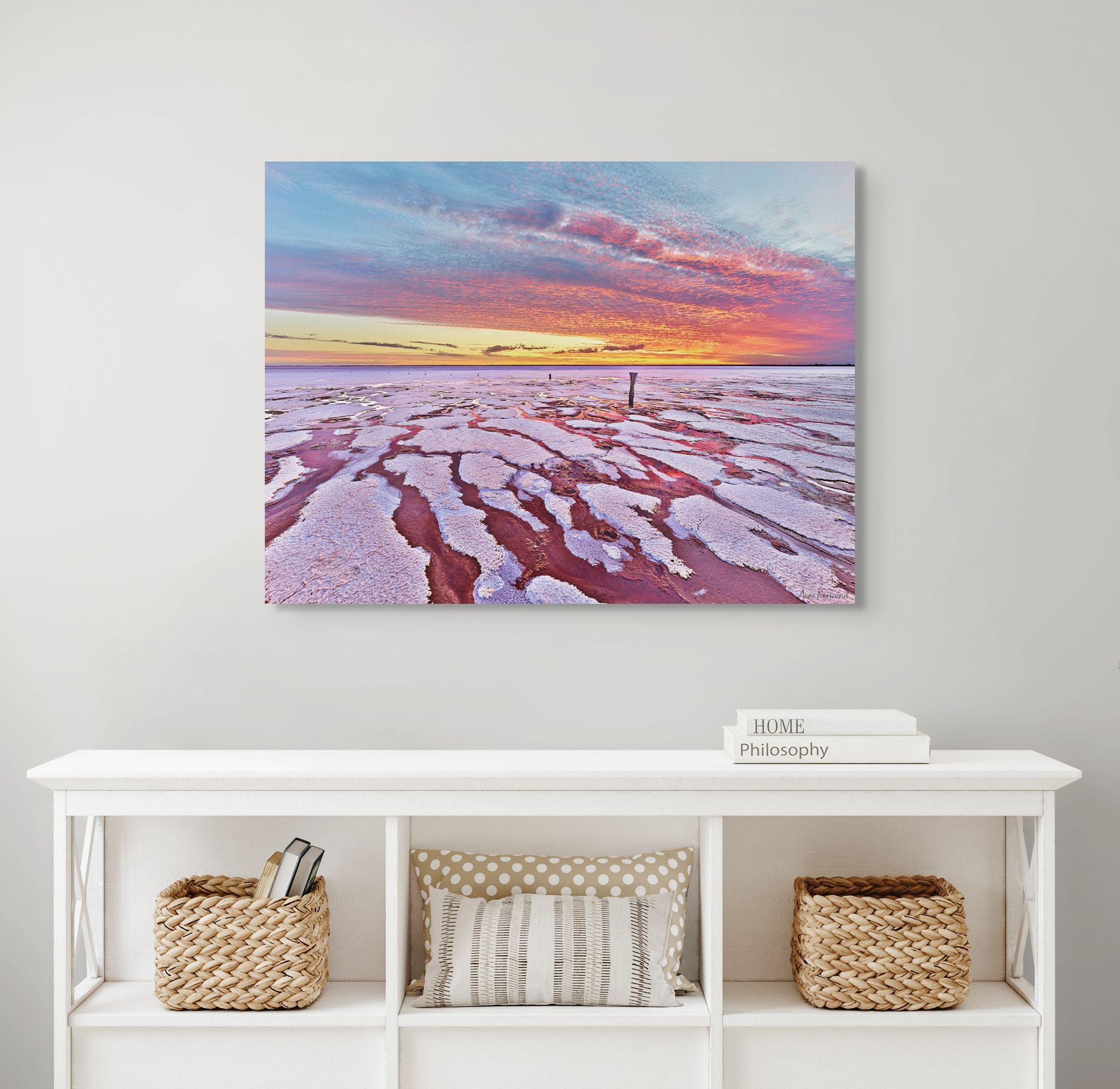 Outback Australia salt lake reflecting fiery sunset colours