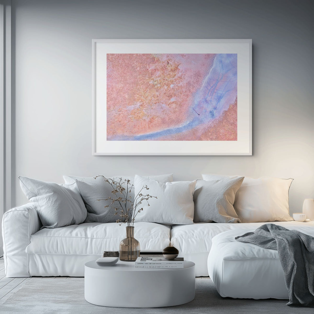 blue and blush aerial landscape artwork