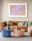 blue pink and gold abstract wall art