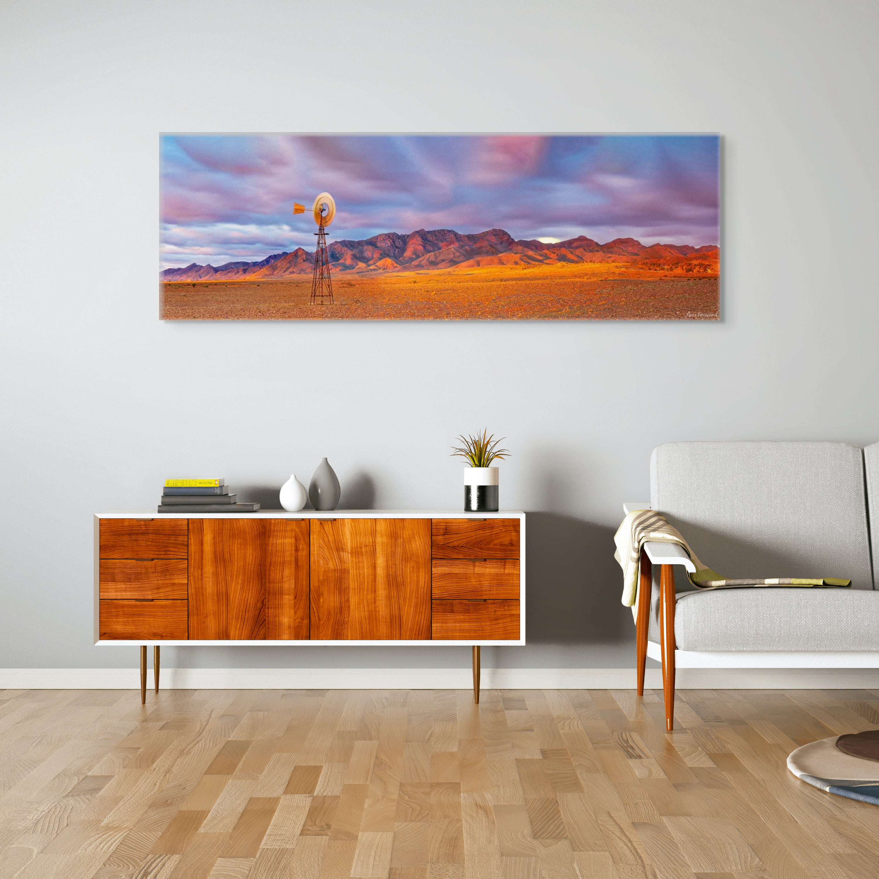 Flinders Ranges view with iconic outback windmill and desert plain