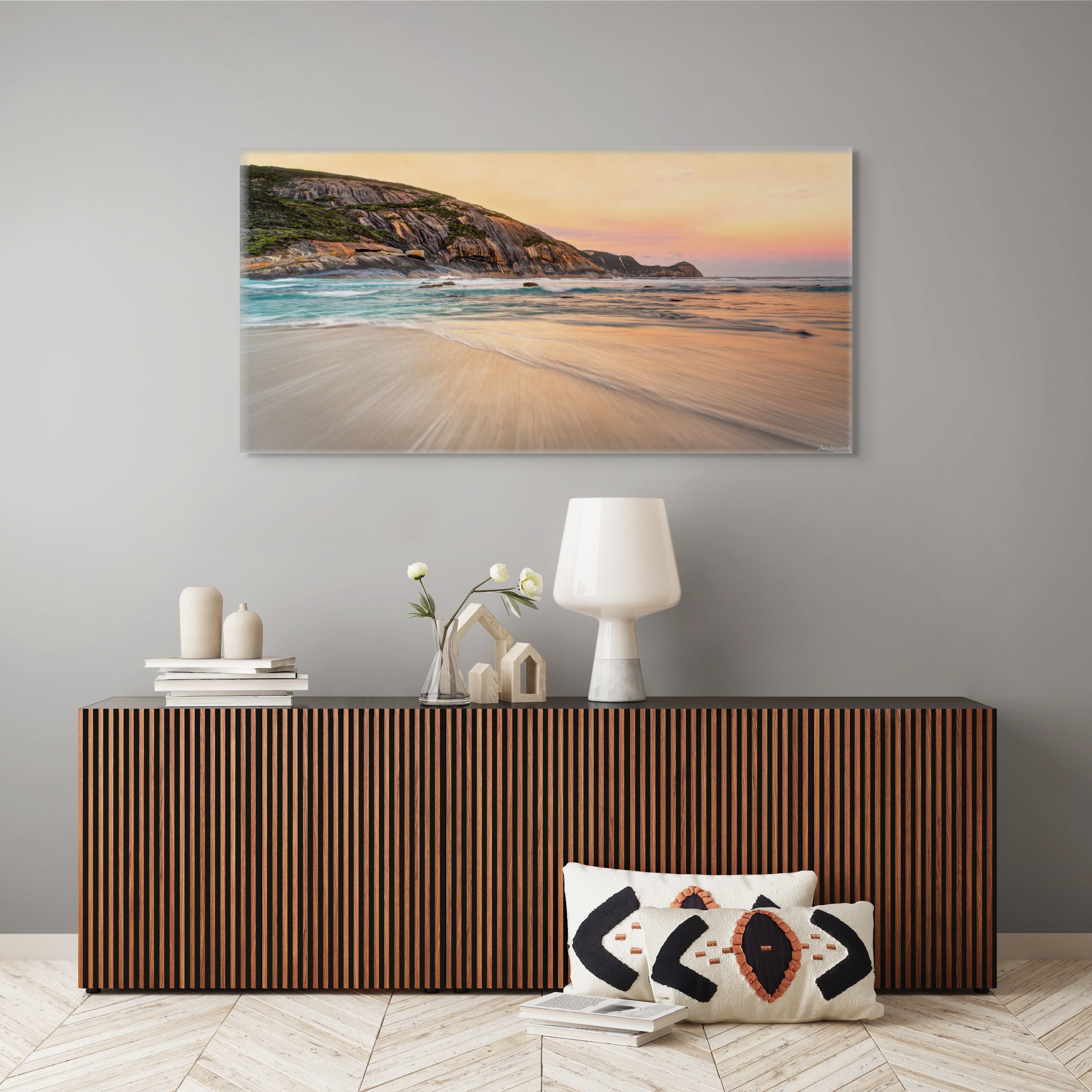 pastel sky over sandy shoreline print