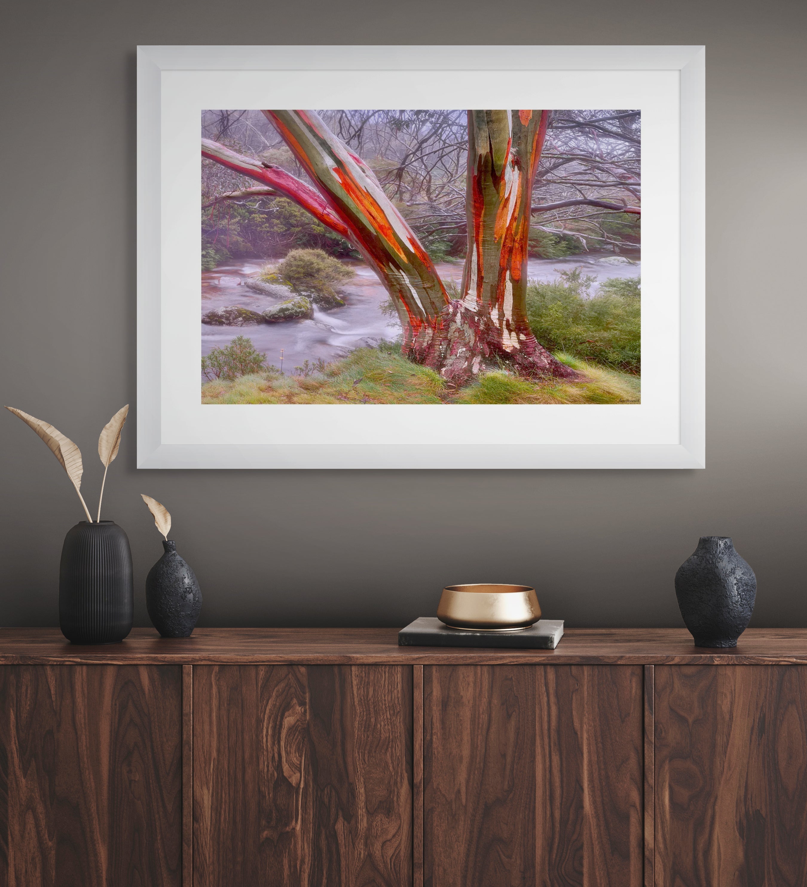nature wall art with red bark detail