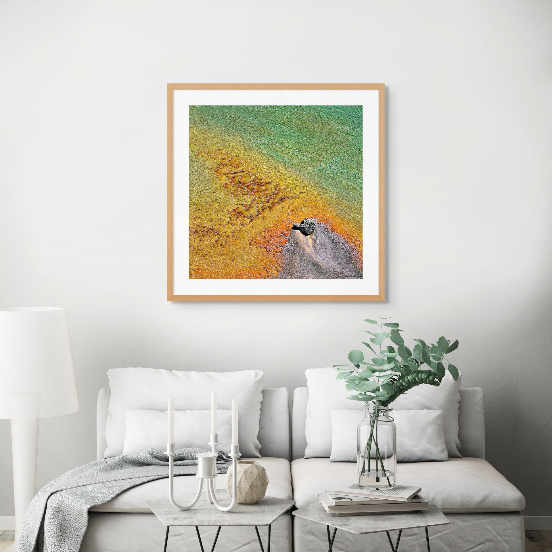 Cracked salt textures with ochre and green tones