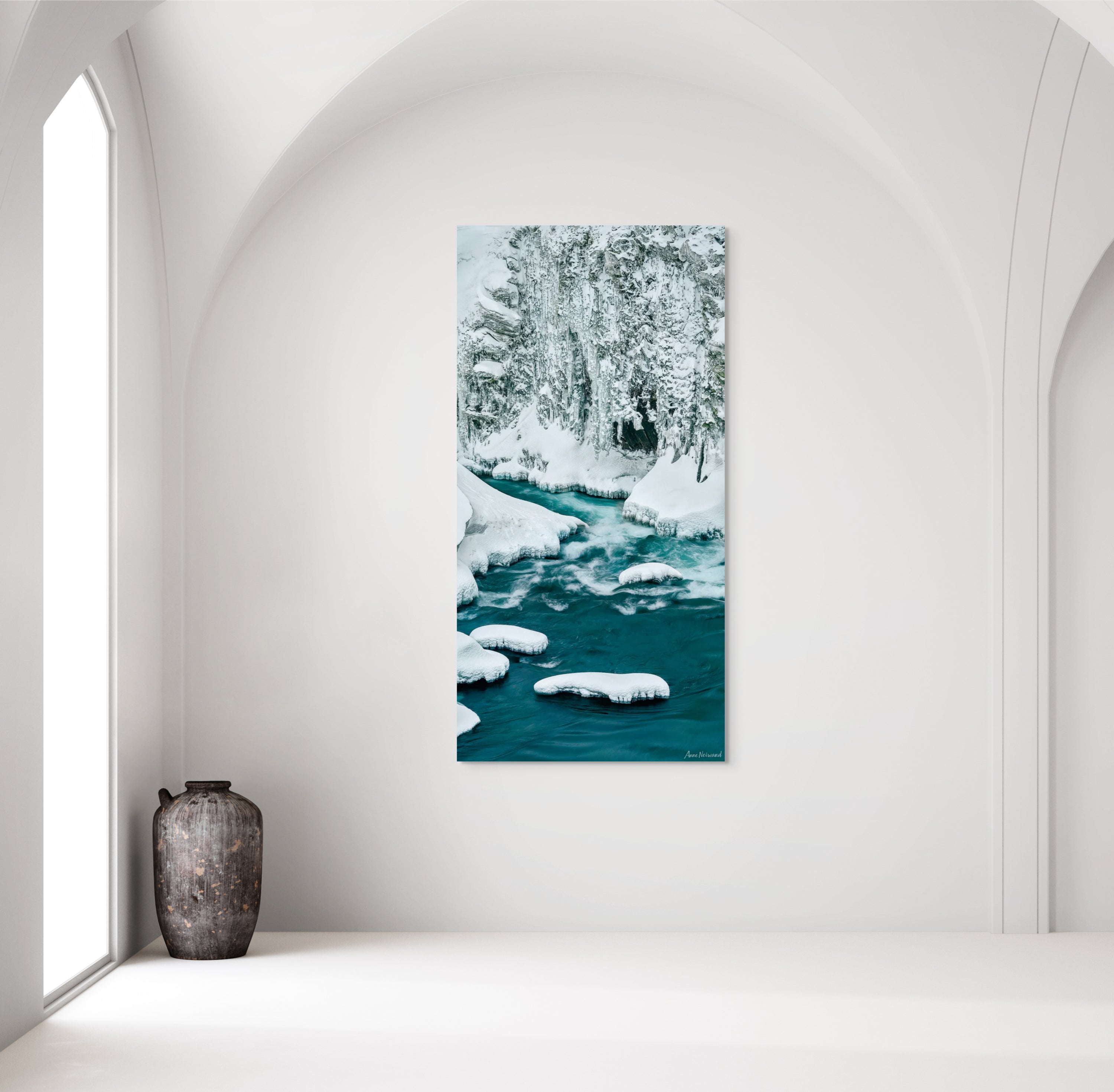 icy blue river among snow trees