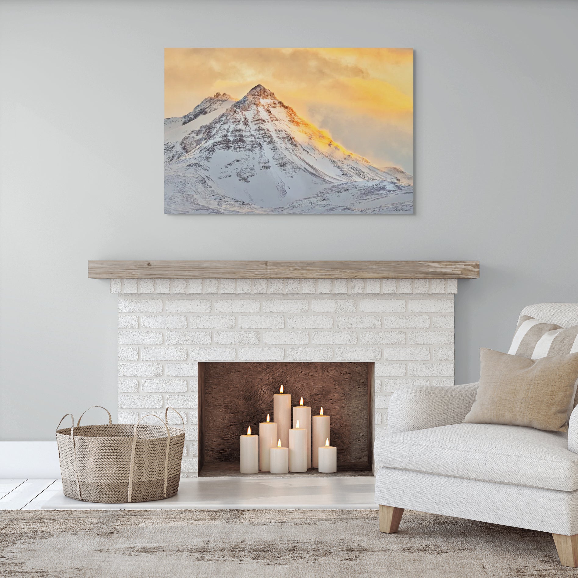 warm glow snow mountain wall art