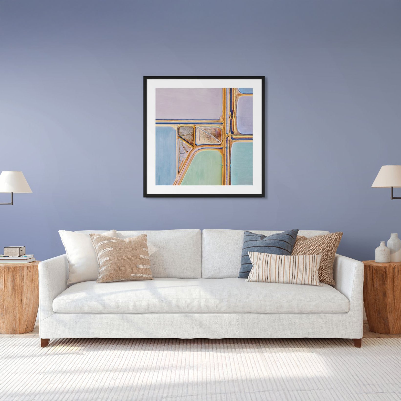 Lavender and mint salt flats from above